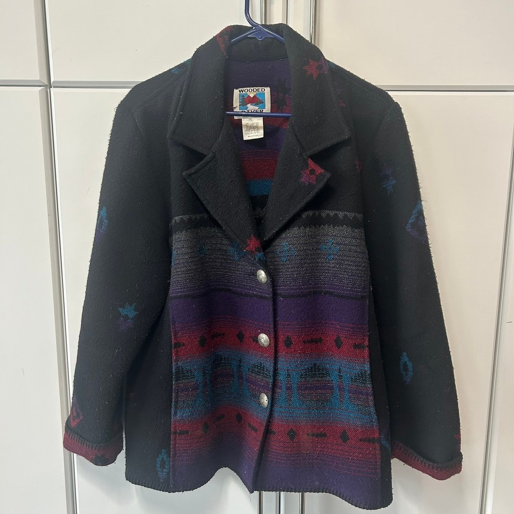Wooded River Southwestern Woven Wool Blend Jacket Black Purple Geometric USA